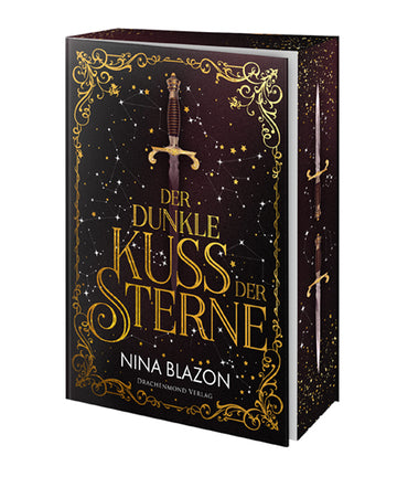 Das Cover zeigt mittig in goldenen Buchstaben den Titel, darüber ein Schwert. Eingefasst wird beides durch einen goldenen, verzierten Rahmen. Der Hintergrund ist dunkelviolett mit unzähligen silbernen und goldenen Sternen. Auf dem Buchschnitt wird das Motiv fortgesetzt, mit zwei Schwertern.